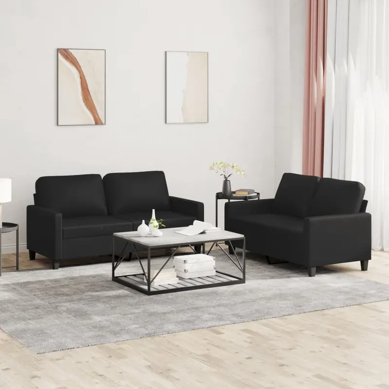 set de canapele cu perne, 2 piese, negru, piele ecologica