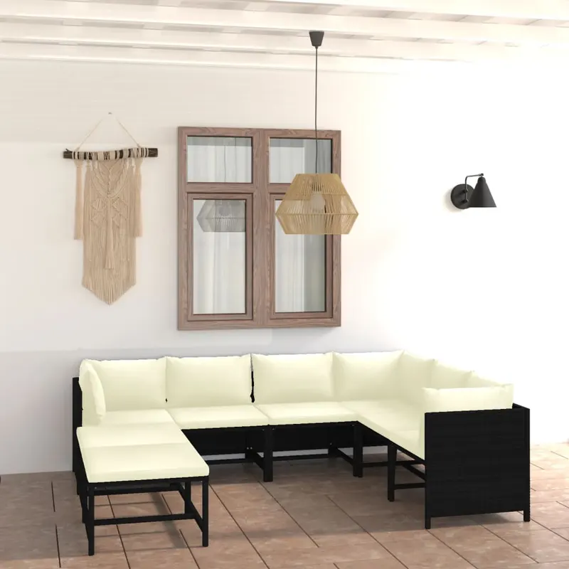 set mobilier de gradina cu perne, 8 piese, negru, poliratan
