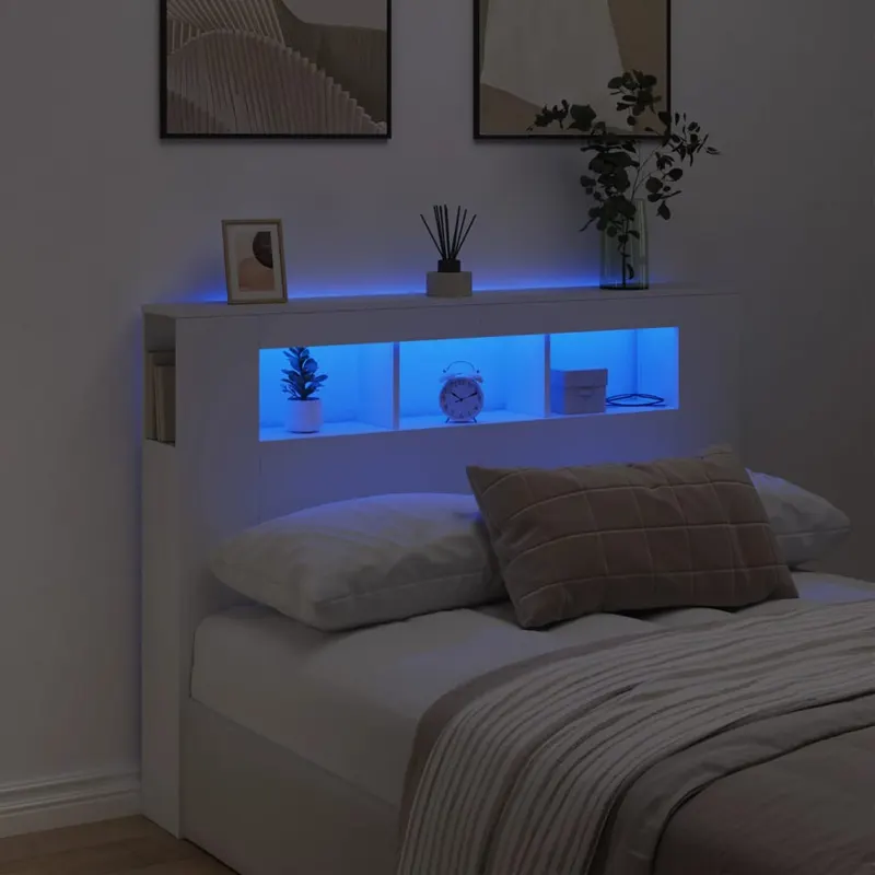 tablie de pat cu led, alb, 140x18,5x103,5 cm, lemn