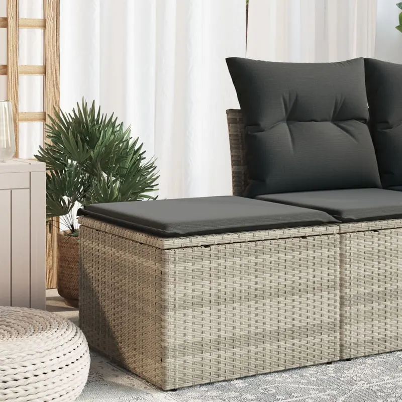 taburet de gradina cu perna gri deschis, 55x55x37 cm, poliratan