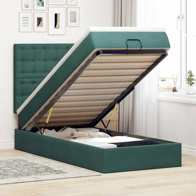 cadru de pat otoman cu saltele, catifea verde inchis 90x200cm