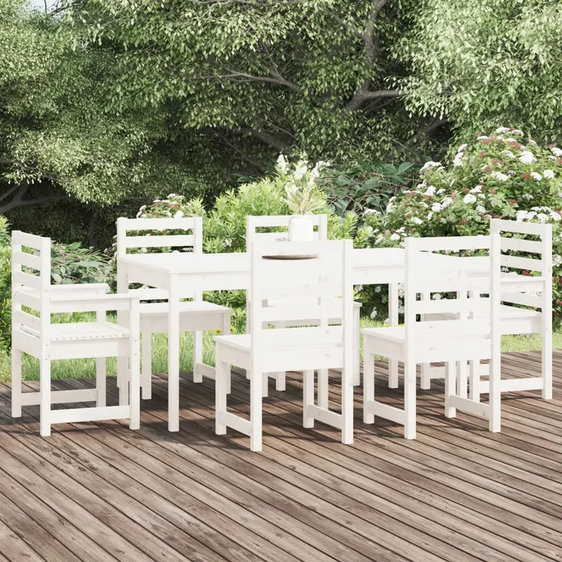 set cu masa de gradina, 7 piese, alb, lemn masiv de pin