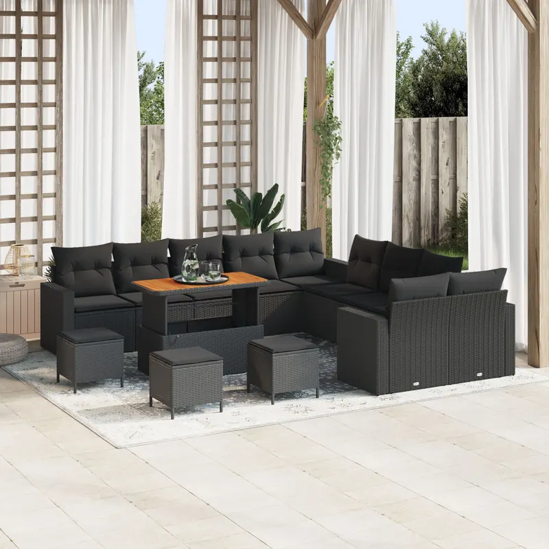 Set sofa gradina 13 piese cu perne poliratan negru acacia, set dining gradina 3 piese cu perne poliratan negru acacia