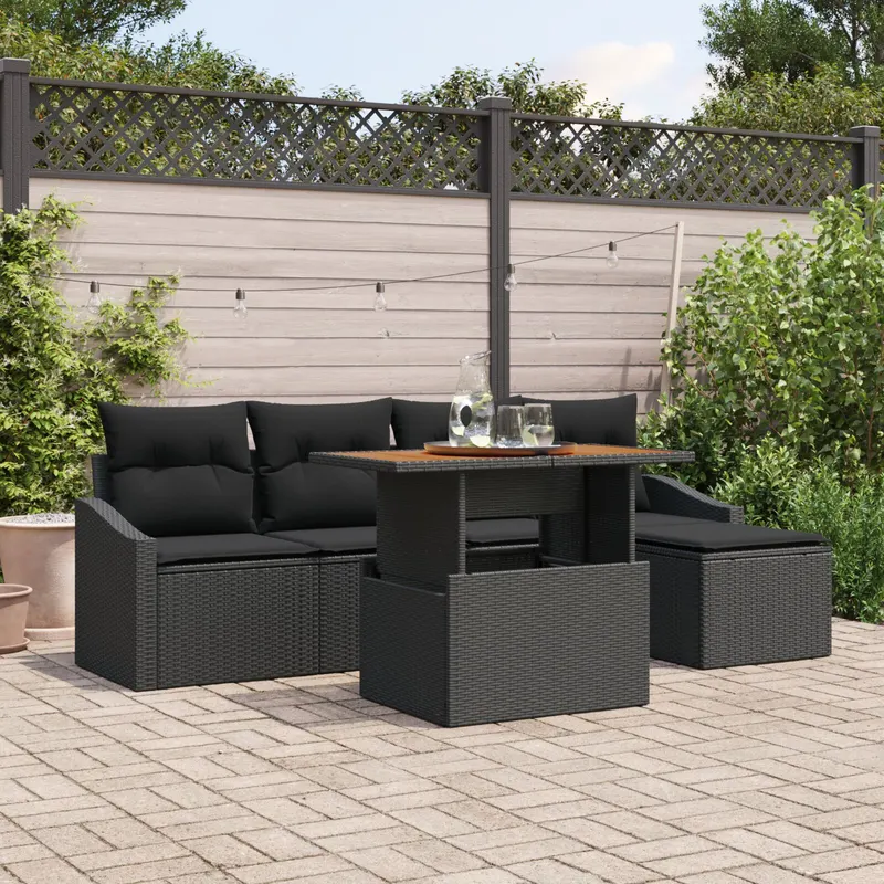 set de 6 piese pentru sofa de gradina cu perne negre din poly rattan