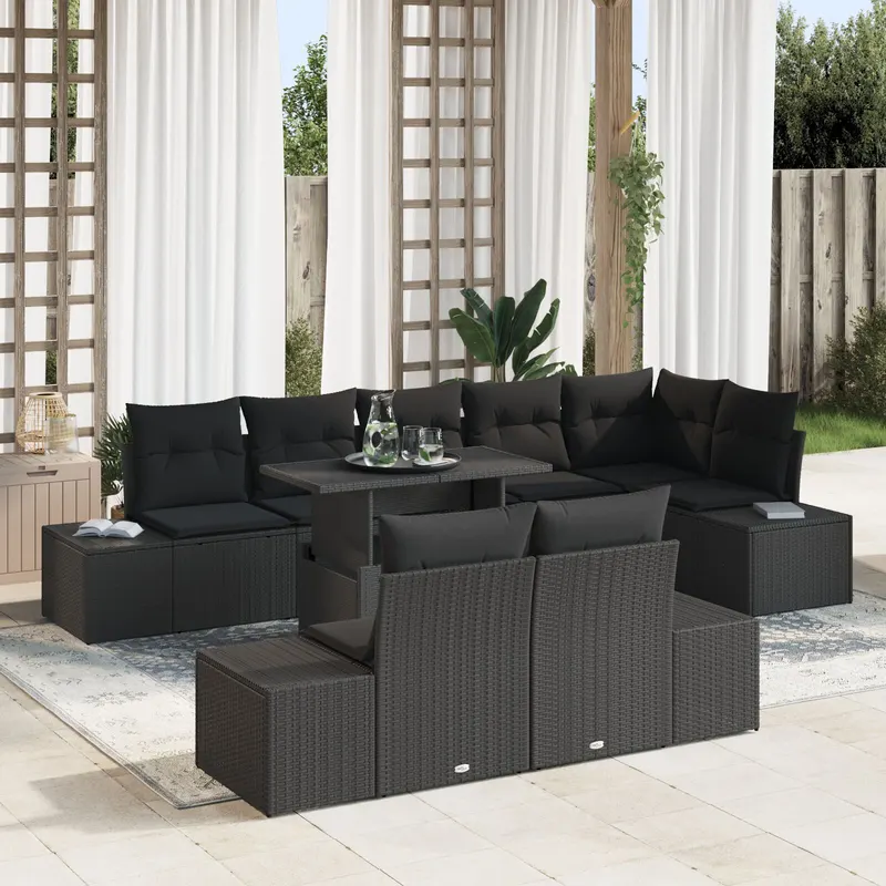 set de canapea de gradina cu 9 piese si perne negru din ratan poliester