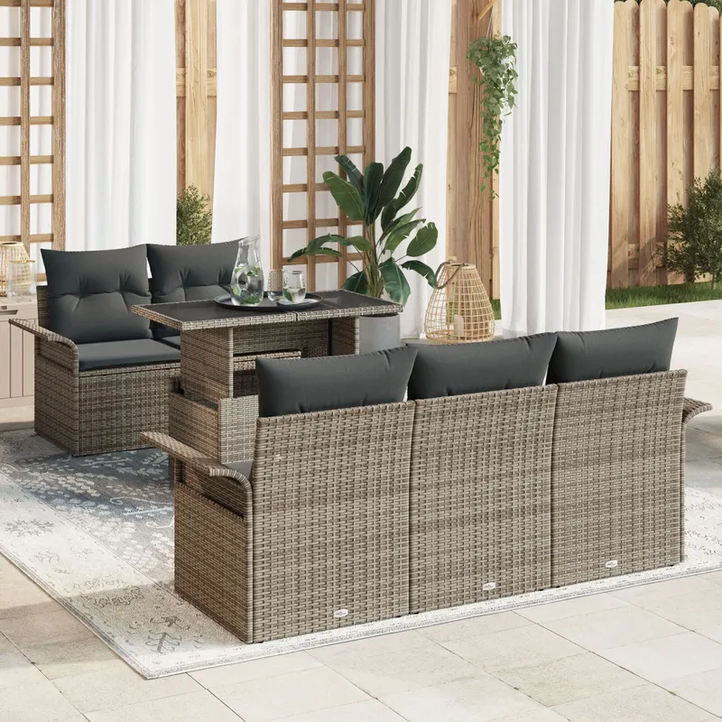 set canapea gradina 6 piese cu perne gri din poliratan