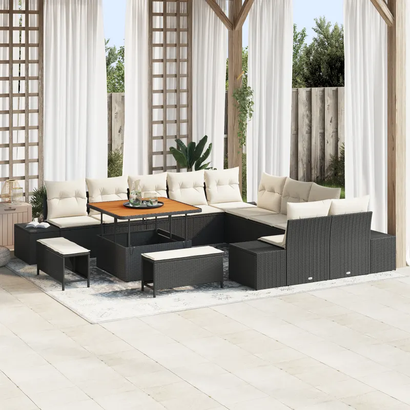 Set de canapea de gradina cu 13 piese si perne negru ratan poliester, canapea de gradina cu 2 locuri si perne negru ratan poliester, set de dining de gradina cu 3 piese si perne negru ratan poliester