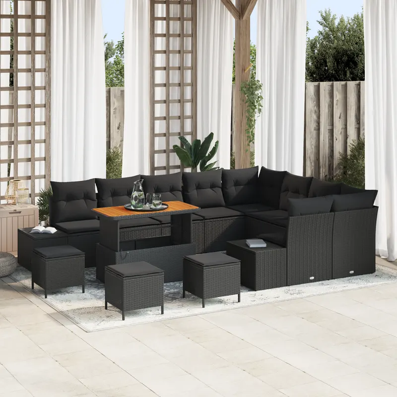 Set canapea gradina 13 piese cu pernite ratan polimer negru acacia, set canapea gradina pentru 2 persoane cu spatiu de depozitare si pernite ratan polimer negru, set dining gradina 4 piese cu pernite ratan polimer negru acacia