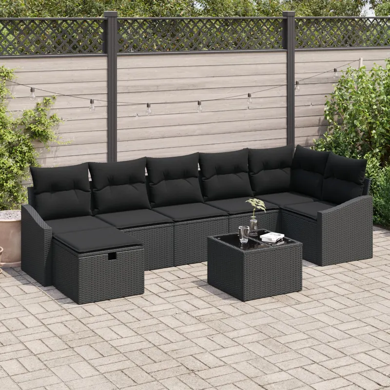 set canapele gradina 8 piese cu perne negru ratan poli