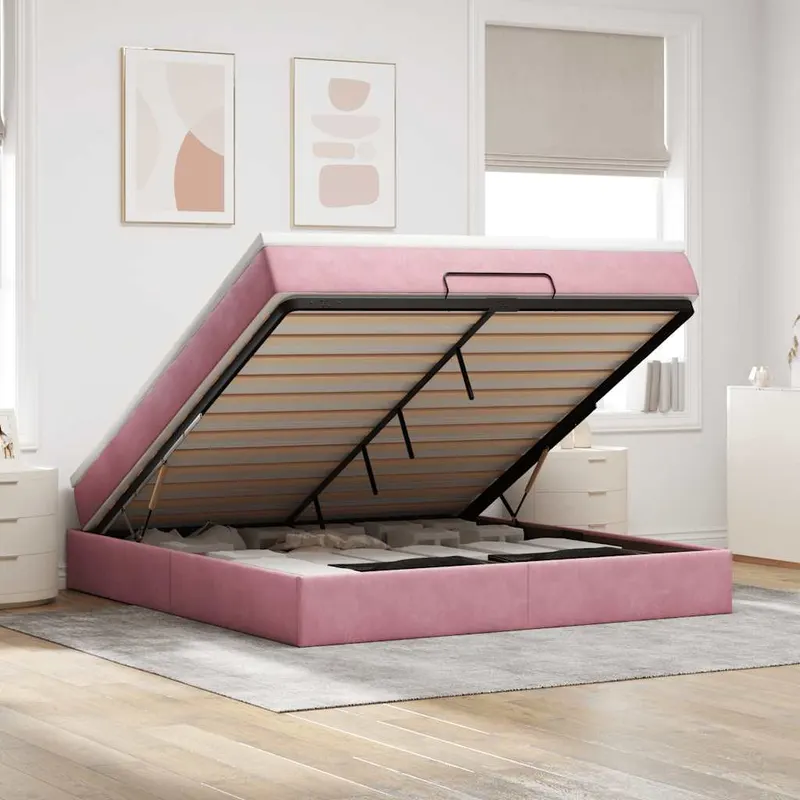 cadru de pat otoman cu saltea roz 160x200cm catifea