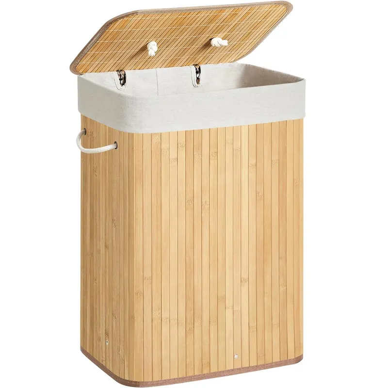 Cos de rufe din bambus, pliabil, cu captuseala detasabila lavabila, 72L, 40x30x60cm, natural