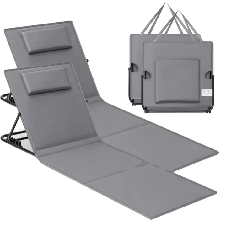 Set 2 sezlonguri plaja pliabile, spatar reglabil in 4 pozitii, tetiera, buzunar depozitare, 158x55 cm, gri