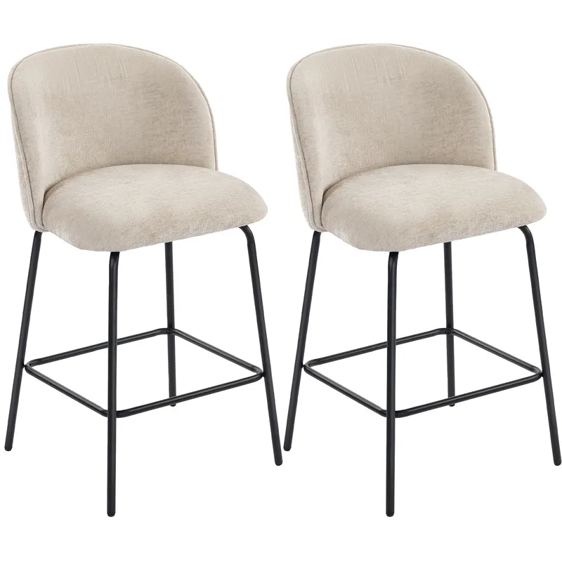 HOMCOM Set 2 Scaune de Bar din Chenille, 68 cm, cu Spătar și Suport pentru Picioare, Cadru din Oțel, Bej