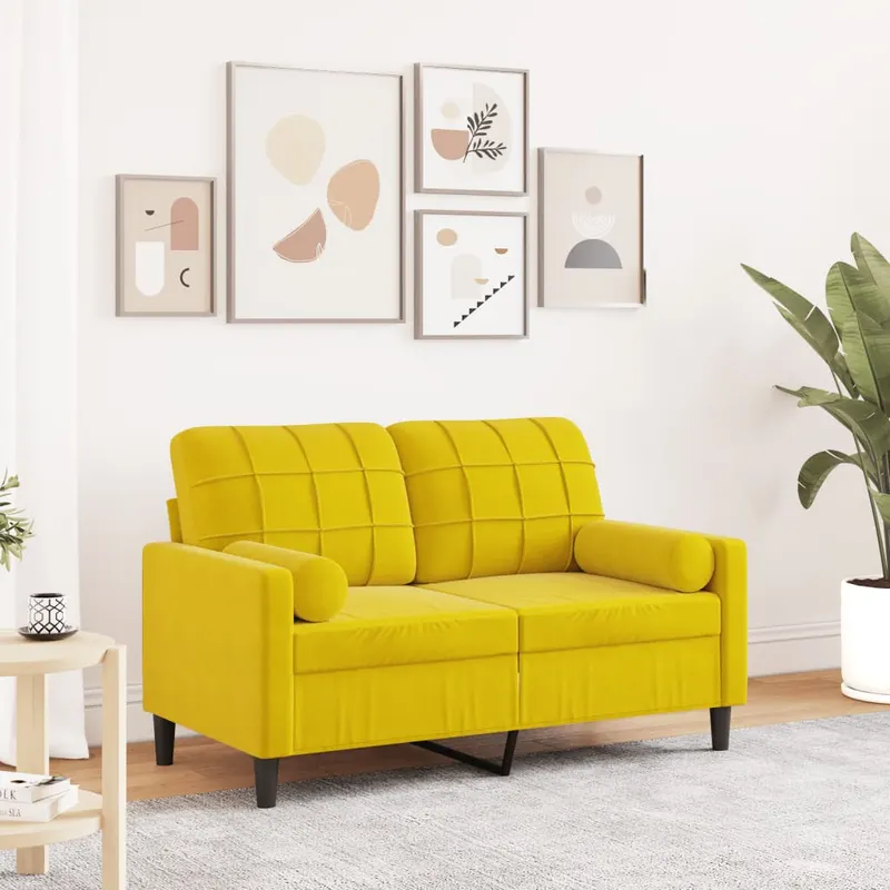 canapea cu 2 locuri cu pernute, galben, 120 cm, catifea