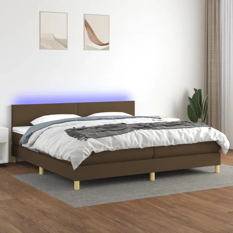 Pat cu arcuri, saltea si led, maro inchis, 200x200 cm, textil