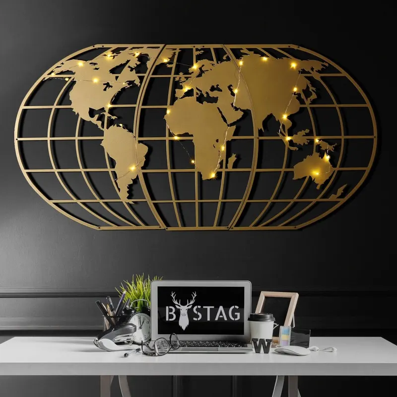 Decoratiune de perete Metal World Map Globe Led - Gold, Aur, 120x60 cm - Auriu