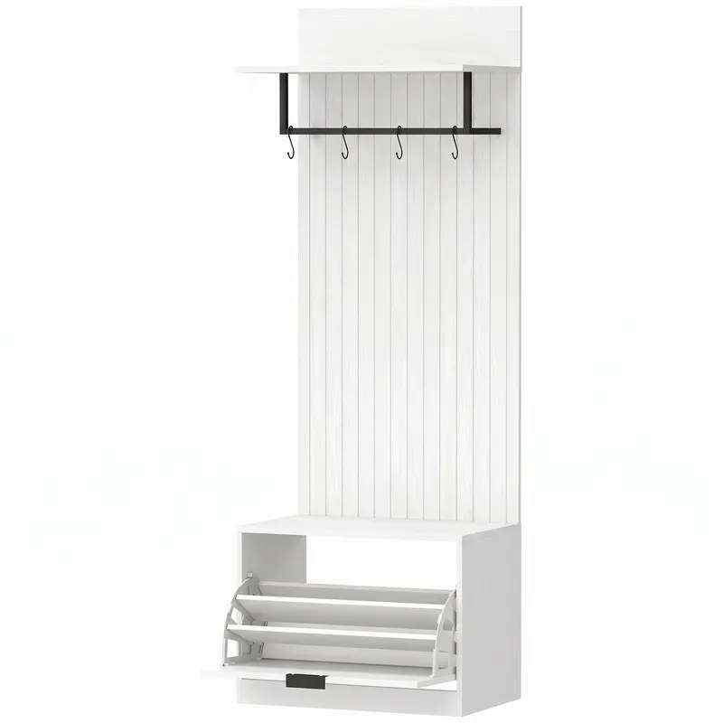 HOMCOM Cuier 5 în 1, Mobilier de Intrare, Banc pentru Pantofi, Sertar Rabatabil, Rafturi Reglabile, 4 Cârlige, Alb