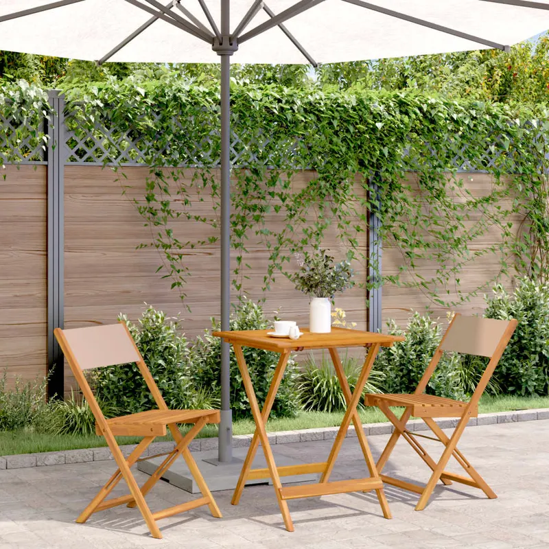 set mobilier bistro, 3 piese, textil taupe/lemn masiv