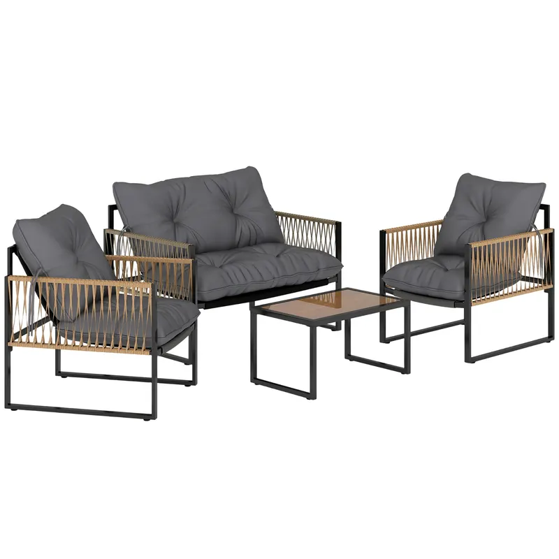 Outsunny Set mobilier grădină, 4 piese, canapea, 2 scaune, masă cu blat din sticlă, cadru metalic, polyratan, antracit