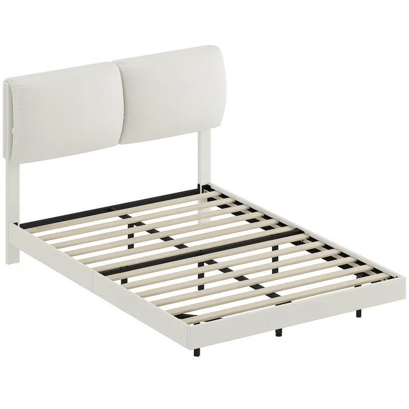 HOMCOM Pat dublu 135x190 cm Somier cu tăblie căptușită Efect plutitor Structură metalică Bej
