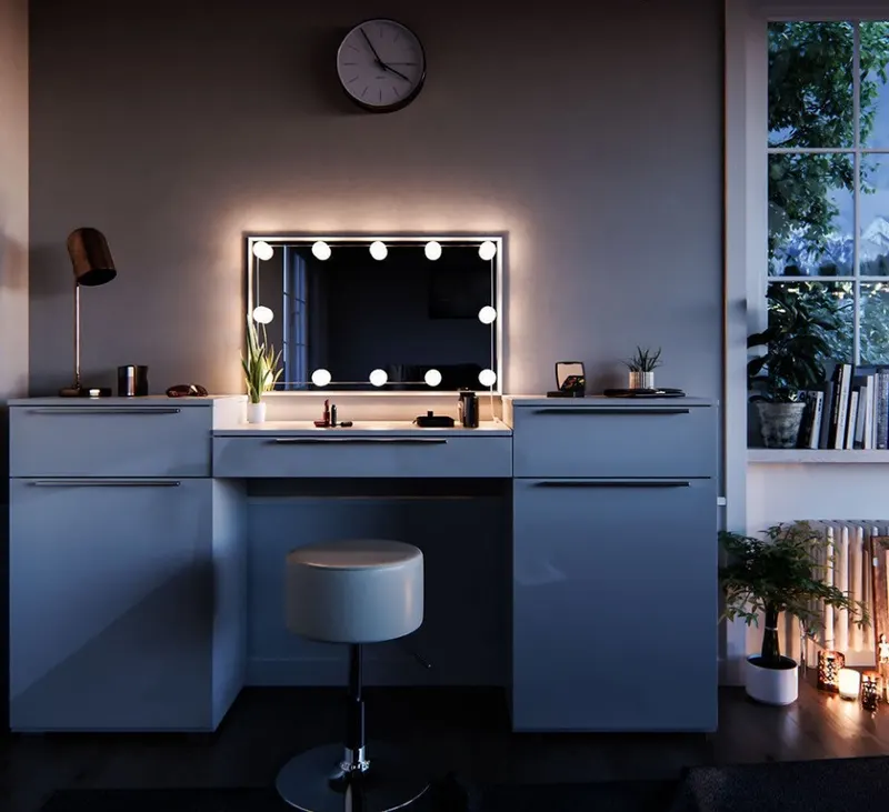 Masuta machiaj cu Oglinda LED si 3 Sertare pentru Cosmetice, Alb, masuta cosmetica, vanity - SEA254