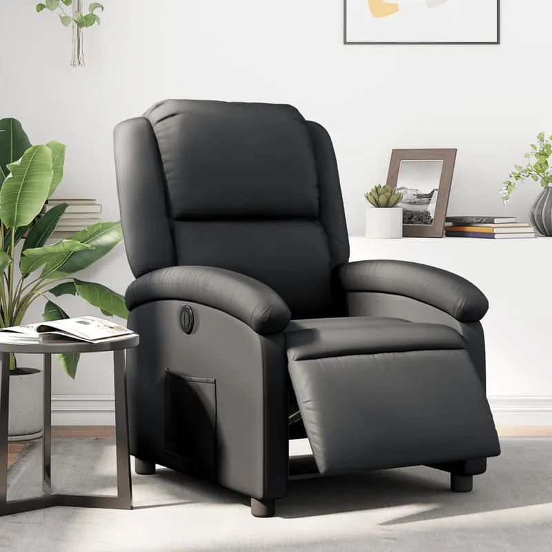 fotoliu rabatabil electric, negru, piele naturala