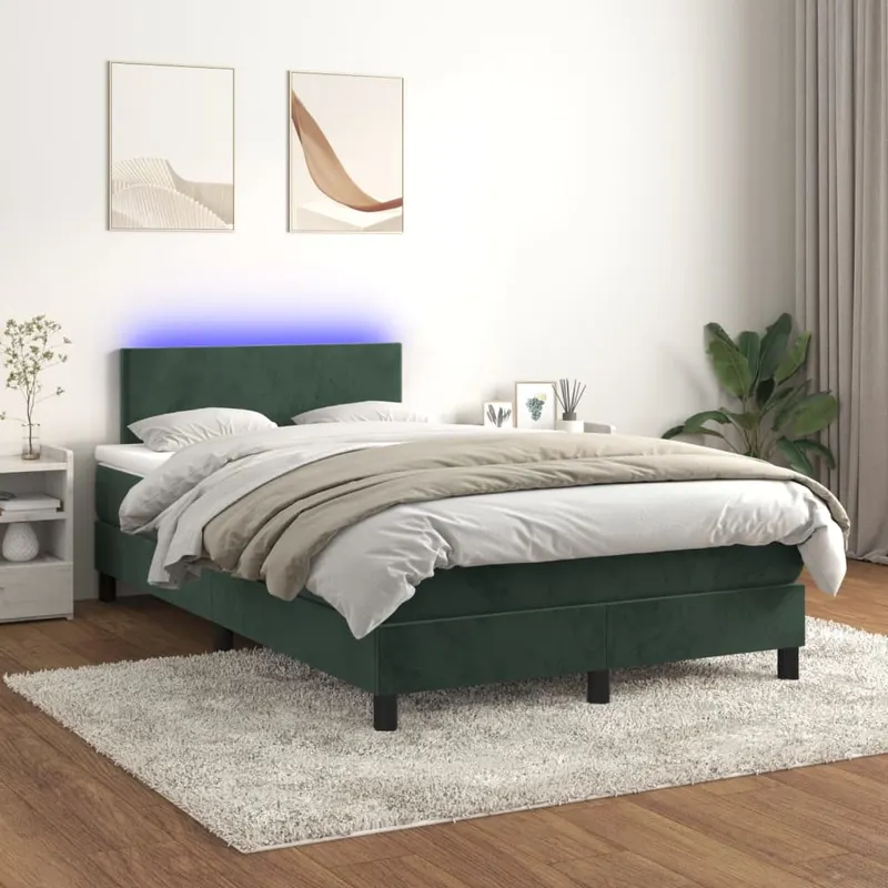 pat cu arcuri, saltea si led, verde inchis, 120x200 cm, catifea