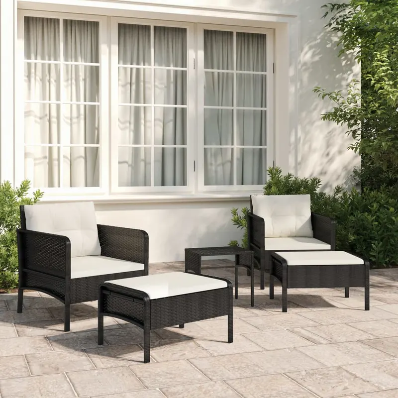 set sezlonguri de gradina, 5 piese, cu perne, negru, poliratan