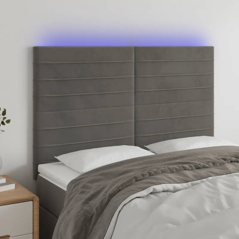tablie de pat cu led, gri inchis, 144x5x118/128 cm, catifea