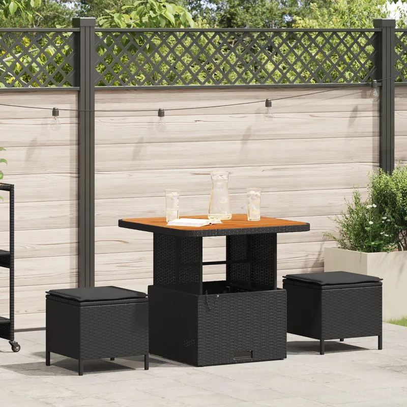 Set de masa de gradina 3 piese cu perne ratan negru acacia