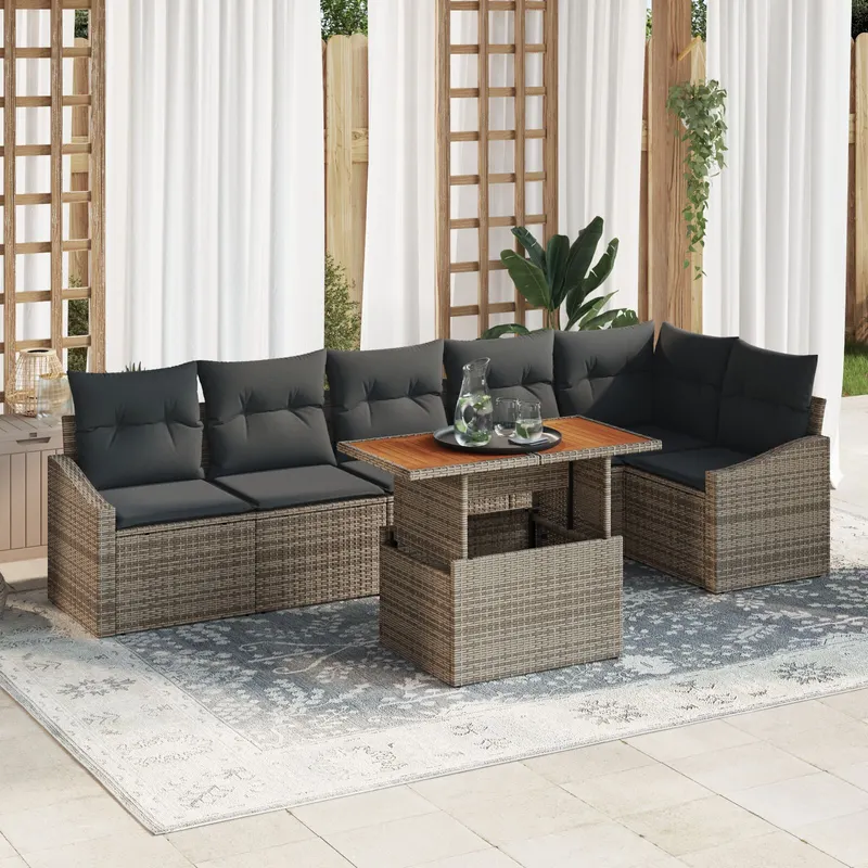 set de 7 piese de sofa de gradina cu perne gri poliratan