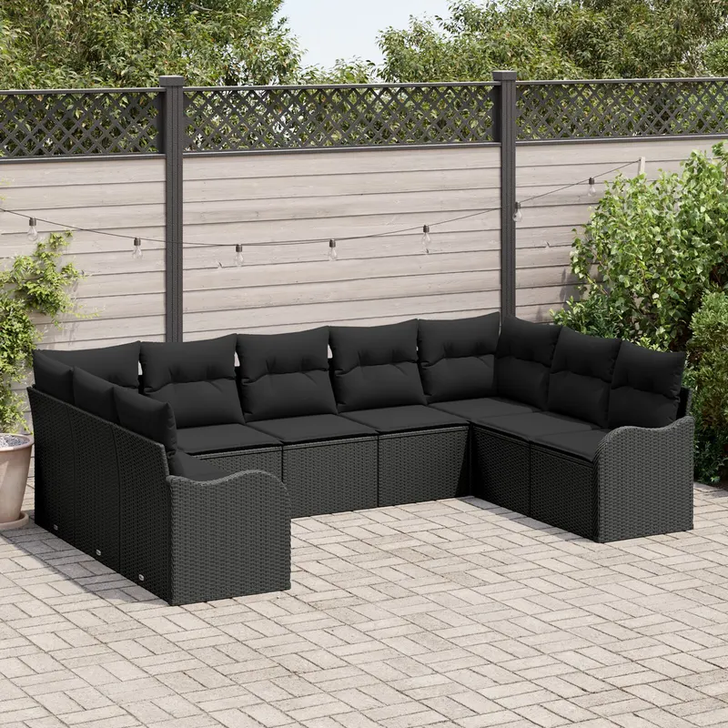 set de canapea de gradina cu 9 piese si perne, ratan poli, negru, canapea de gradina cu 2 locuri si perne, ratan poli, negru