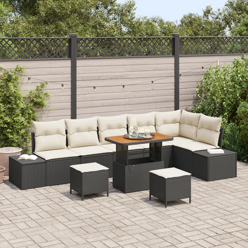 Set de canapea de gradina cu 9 piese cu perne negru ratan poliratan, canapea de gradina cu 2 locuri cu depozitare si perne negru ratan poliratan, set de dining de gradina cu 3 piese cu perne negru ratan poliratan