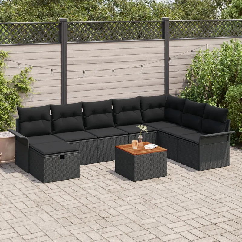 set canapele gradina 9 piese cu perne negru ratan poli