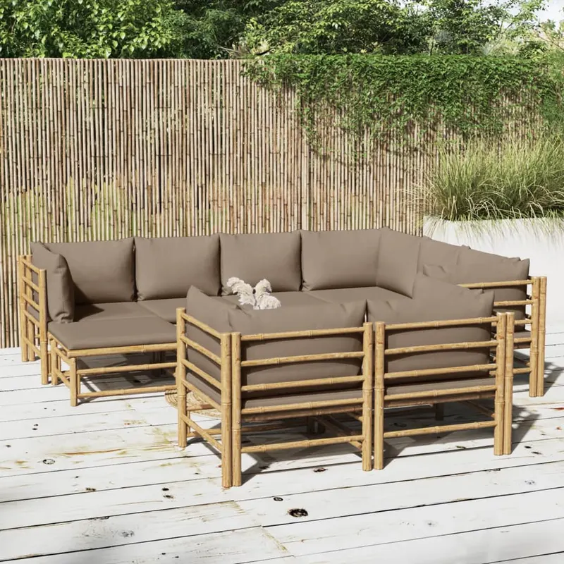 set mobilier de gradina cu perne gri taupe, 10 piese, bambus