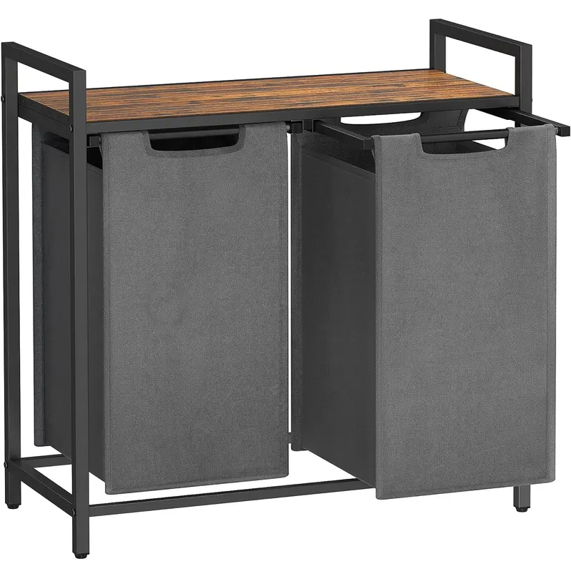 Cos de rufe, 2 compartimente, saci de rufe detasabili, raft, cadru metalic, 2x46L, 73x33x72 cm, maro rustic si gri