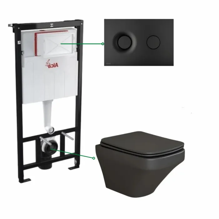 Set vas wc suspendat negru mat,rimless, Bristol si rezervor incastrat cu clapeta de actionare negru mat, Alcadrain