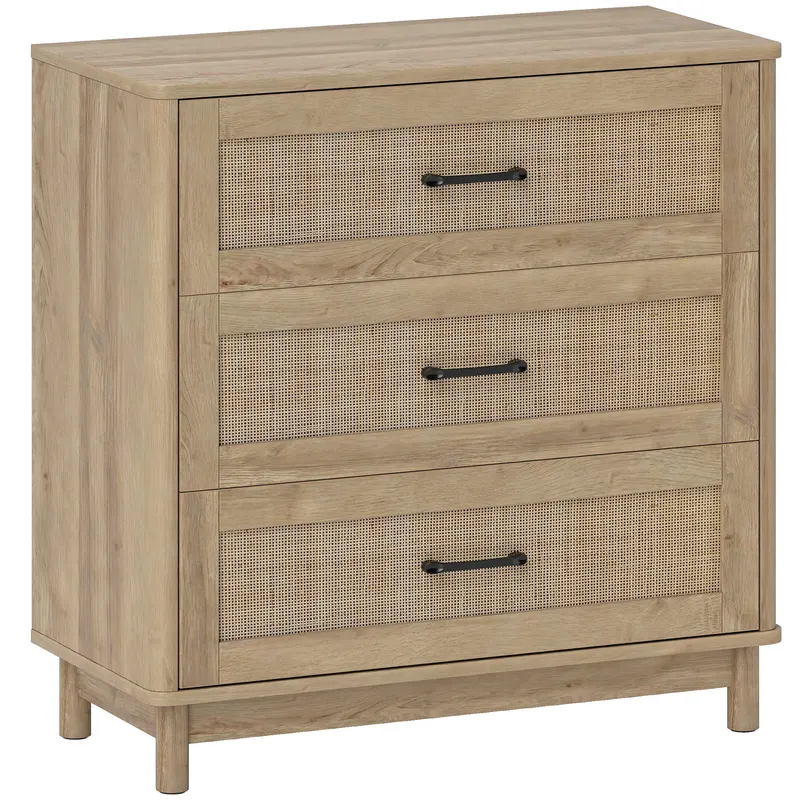 HOMCOM Comodă 3 Sertare din Ratan, Mobilier de Depozitare, Picioare din Lemn Masiv, Stil Boem, 76x35x76cm, Stejar