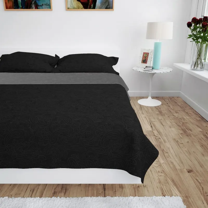Cuvertura matlasata cu doua fete, 230x260 cm, gri si negru