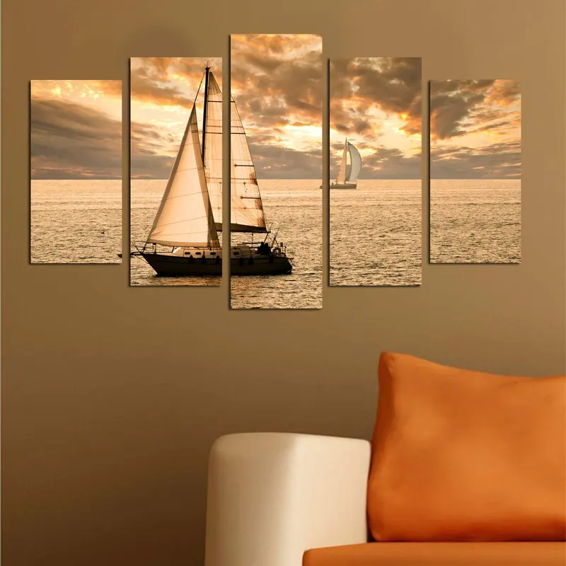 Tablou MDF ( 5 buc ) Yacht Sunset, Multicolor, 60x110 cm - Multicolor