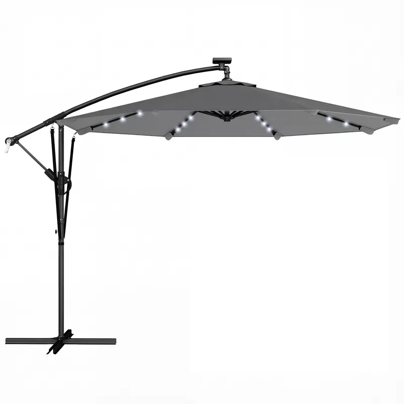 Outsunny Umbrelă Excentrică cu Lumină LED Solară 330x295 cm Umbrelă cu Bază Încrucișată Manivelă Husă Protectoare Gri Închis