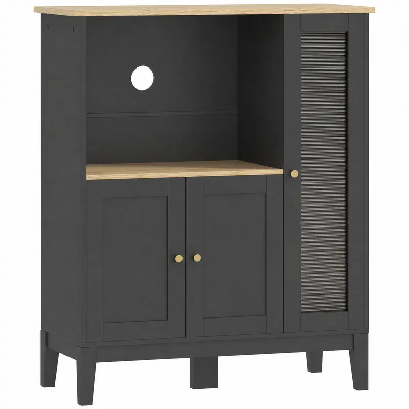 HOMCOM Dulap pentru Cuptor cu Microunde cu Dulap Inferior și 3 Rafturi Laterale cu Ușă din Sticlă, din Lemn, 80x35x97 cm, Negru