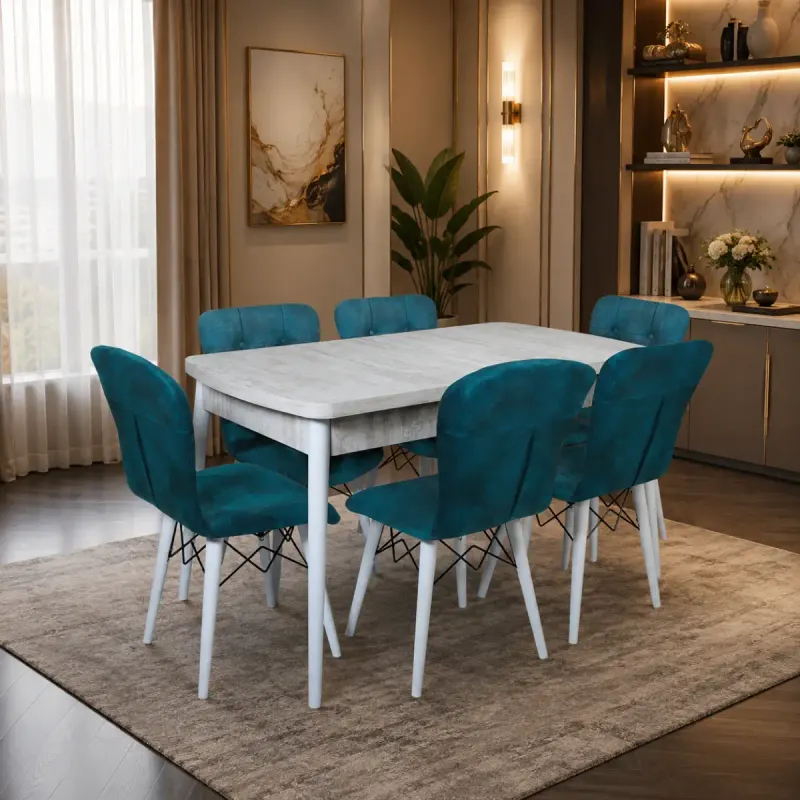 Set masa extensibila cu 6 scaune tapitate cristal-blue-picior-alb-170 x 80 cm