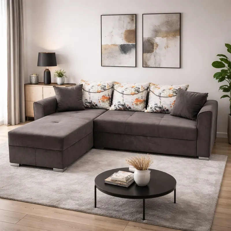 Coltar Lori, 4 locuri, cu 2 lazi de depozitare, catifea, 260x95x80 cm, culoare maro Dreapta, catifea, Maro + Crem