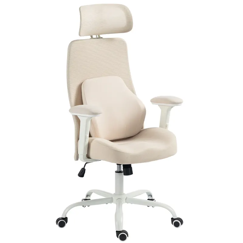 HOMCOM Scaun birou ergonomic, fotoliu din plasă, suport lombar cu memorie, cotiere reglabile, Bej