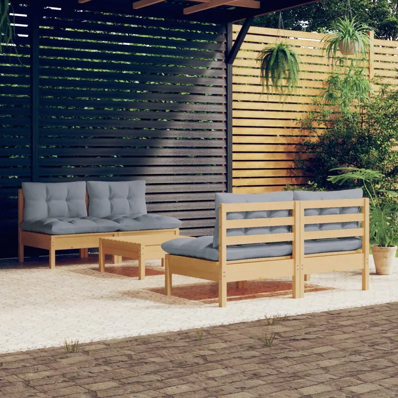 set mobilier gradina cu perne gri, 5 piese, lemn masiv de pin