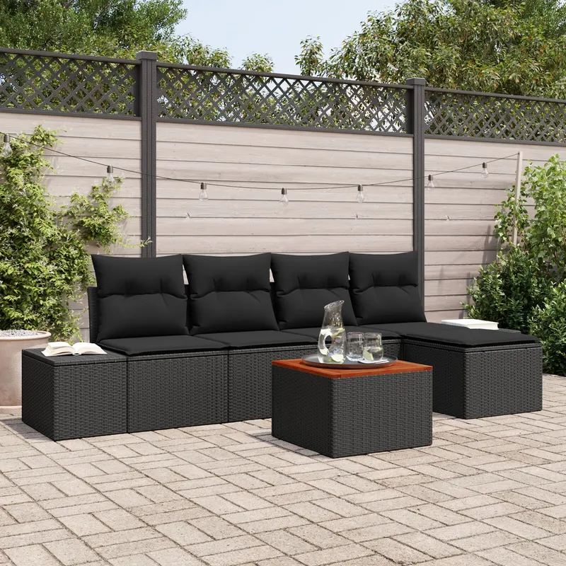set 6 piese canapea gradina cu perne ratan poliester negru acacia