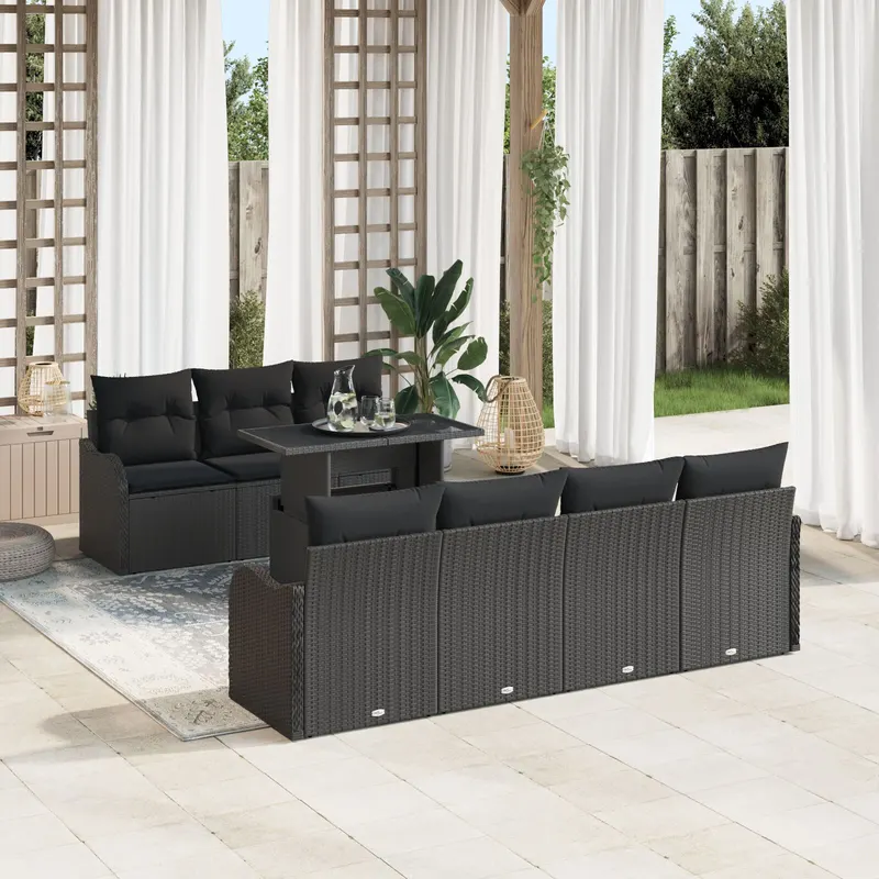 set de sofa de gradina cu 8 piese cu perne negru ratan poli, sofa de gradina cu 2 locuri cu perne negru ratan poli