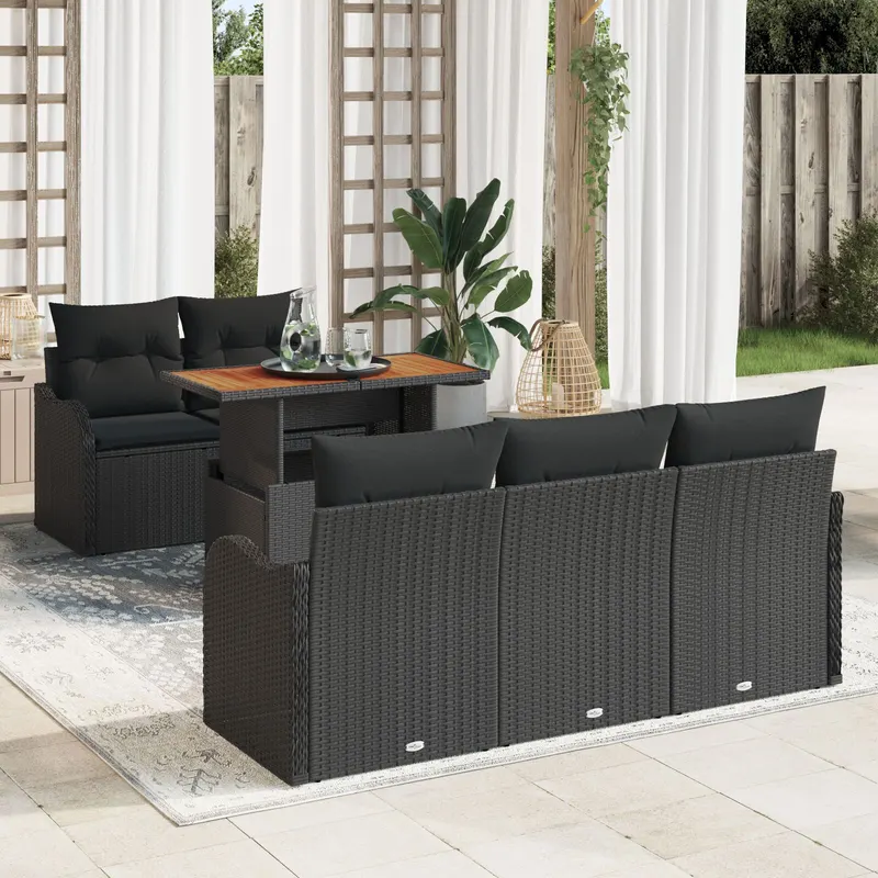 Set de canapea de gradina 6 piese cu perne negru poliratan acacia, canapea de gradina pentru 2 oameni cu perne negru poliratan