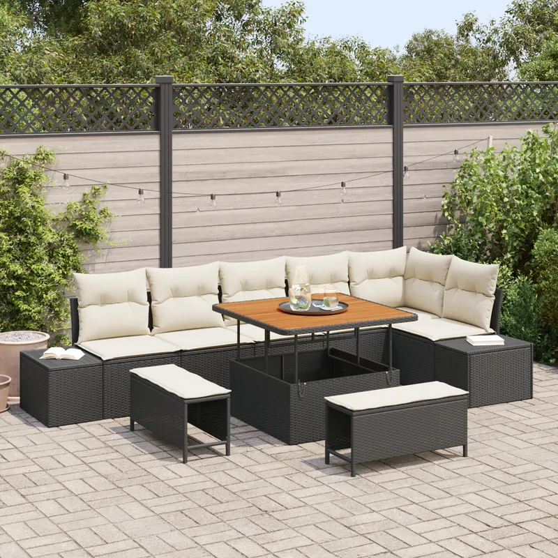 Set de canapea de gradina cu 9 piese si perne negru poliratan acacia, canapea de gradina cu 2 locuri cu depozitare si perne negru poliratan, set de dining de gradina cu 3 piese si perne negru poliratan acacia